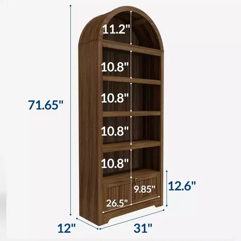72 Zoll hohes, gewölbtes Bücherregal mit Aufbewahrungsschublade, moderner 6-stufiger Holzschrank mit offenen Regalen und unterer Schublade, geschwungene Schranktür