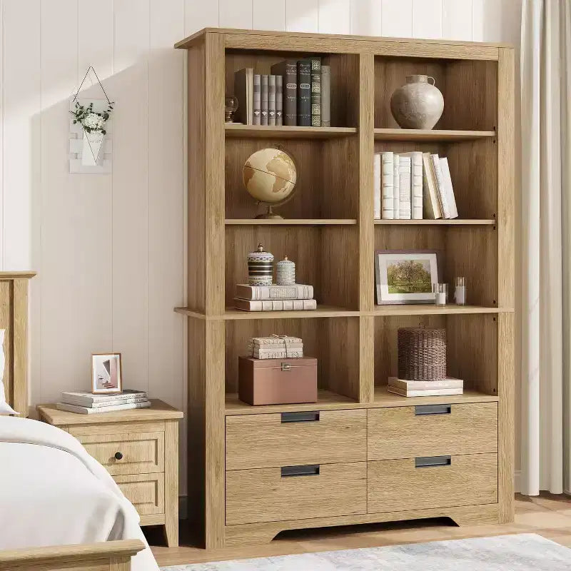 Libreria alta 72 con 4 cassetti, scaffale contenitore indipendente in stile rustico per camera da letto, soggiorno e ufficio domestico