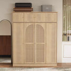 Armario ropero alto de 70,87 pulgadas con 8 puertas y gran capacidad, barra para colgar, estantes ajustables y puertas decorativas de ratán