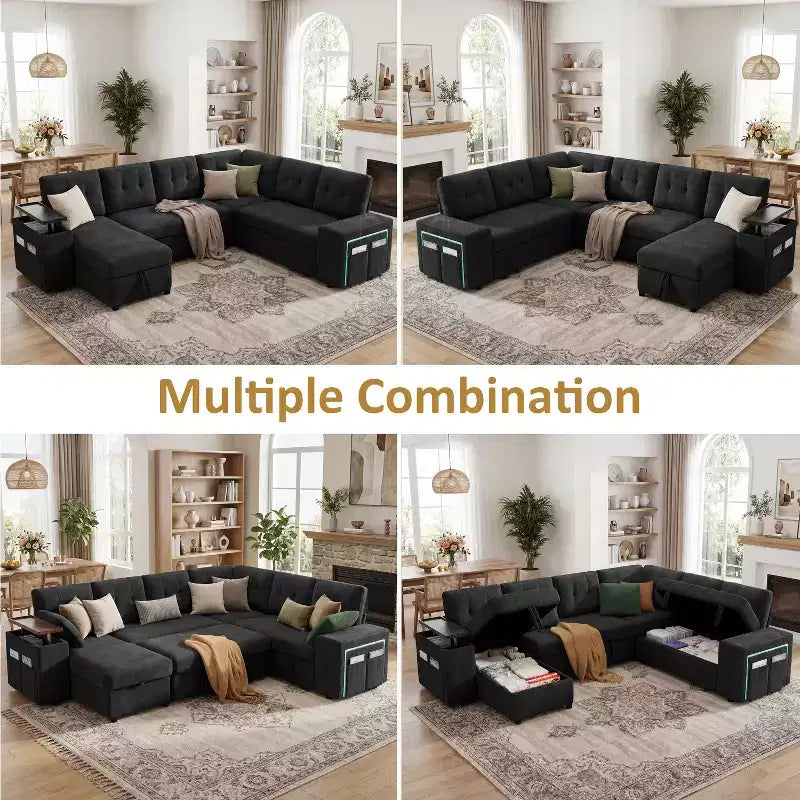 Divano componibile letto modulare Dyonery 112 con letto estraibile, divano componibile a U con contenitore, sedute extra larghe e profonde per il soggiorno