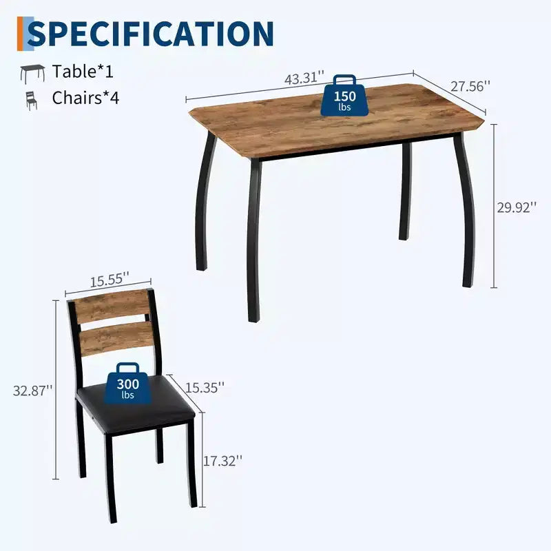 5-teiliges Küchentisch- und Stuhlset mit Metallgestell und abgeschrägtem Design