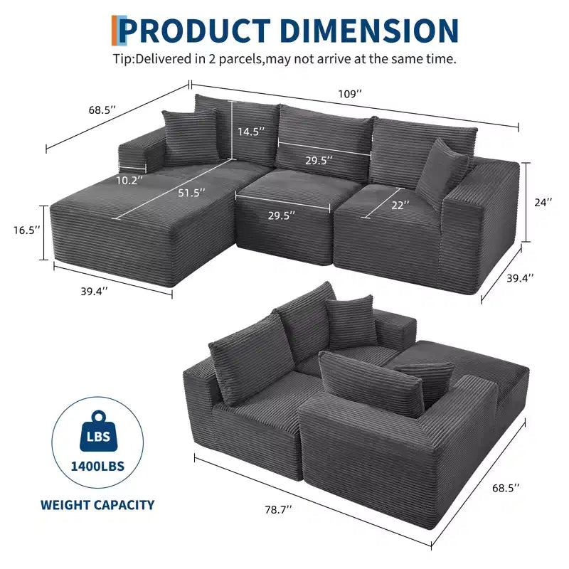 Sofá moderno 108, sofá tapizado de 3 plazas en forma de L con cojines, asiento profundo, no requiere montaje