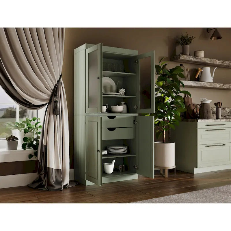 Armario despensa 100 % de madera maciza con puertas de vidrio esmerilado, puertas sólidas, 2 cajones y estantes ajustables