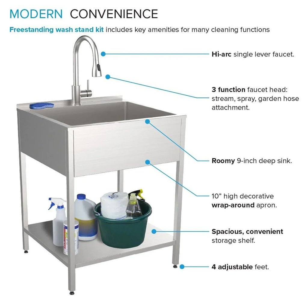 Lavatoio e supporto per lavatoio in acciaio inox, L 24 x P 22 x H 35 pollici