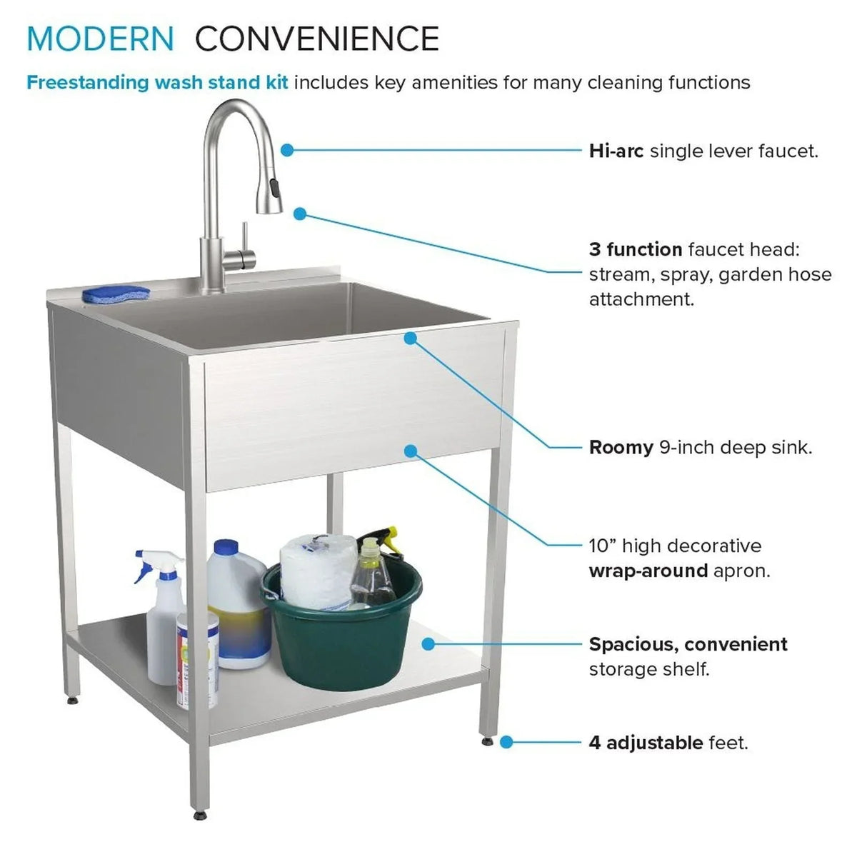 Lavatoio e supporto per lavatoio in acciaio inox, L 24 x P 22 x H 35 pollici