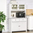 Credenza da cucina HOMCOM da 63,5" con alzata, mobile dispensa con 4 ripiani, cassetti, ante in vetro con cornice, piano aperto per microonde
