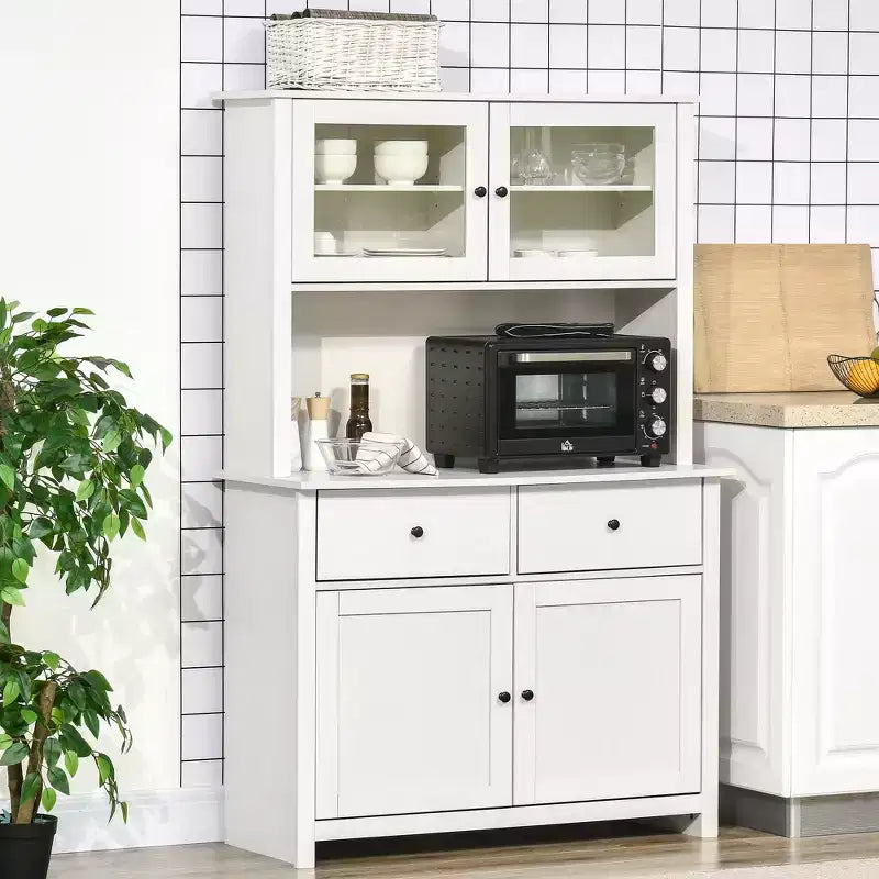 Credenza da cucina HOMCOM da 63,5" con alzata, mobile dispensa con 4 ripiani, cassetti, ante in vetro con cornice, piano aperto per microonde