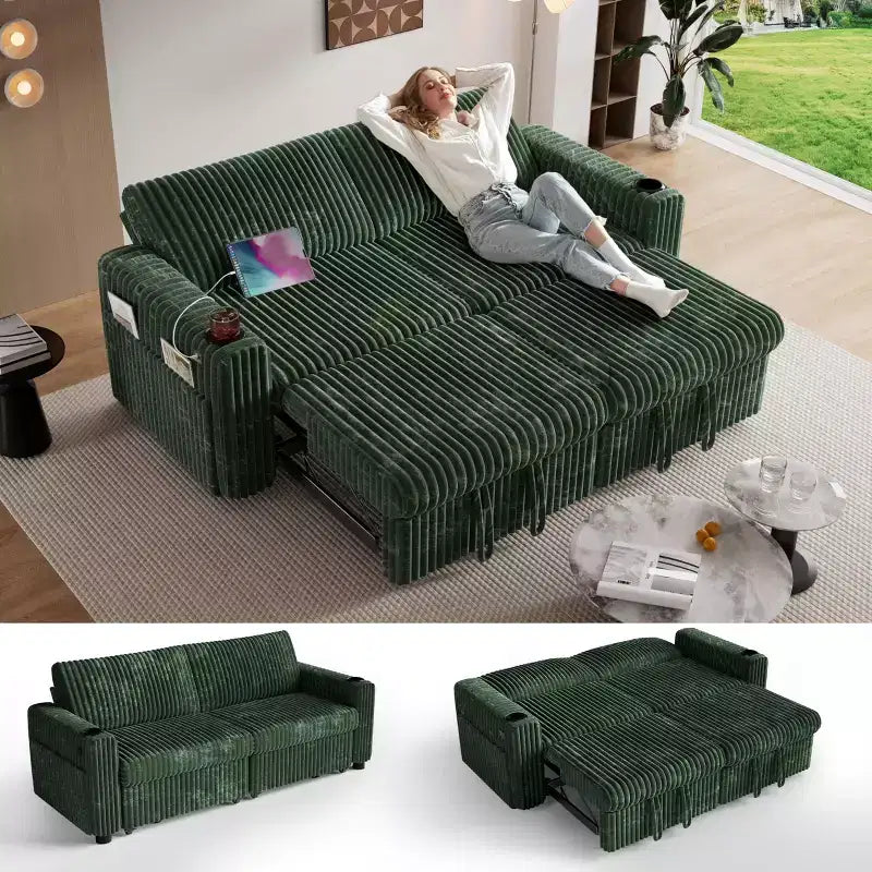 Divano letto componibile Dyonery 91 con letto estraibile, schienale reclinabile, due letti estraibili, porte USB e portabicchieri, in morbido velluto a coste