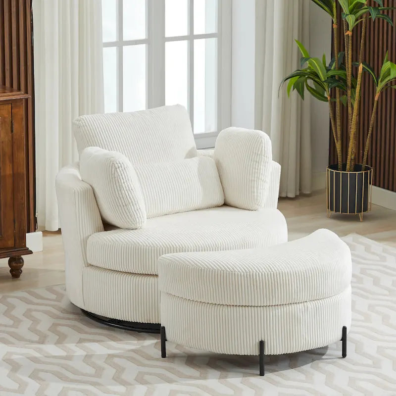 Sillón decorativo giratorio tapizado de 42.3W con 4 cojines y otomana de almacenamiento en forma de media luna