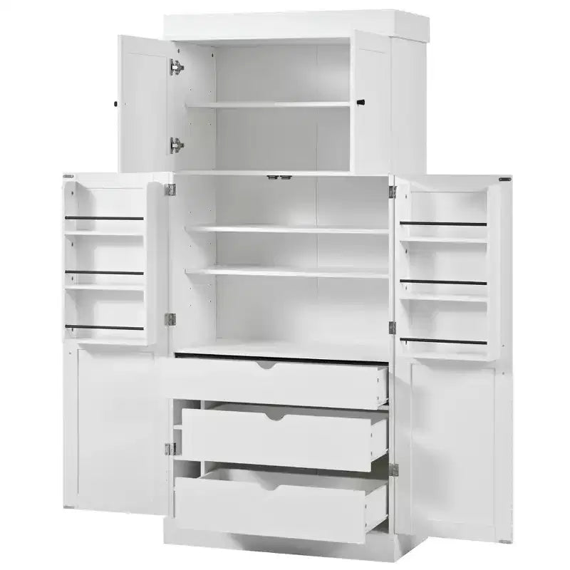 Despensa de cocina independiente de 77 pulgadas de alto, armario de almacenamiento estilo granja con estantes ajustables, estantes en las puertas, cajones y botelleros - ModernLuxe