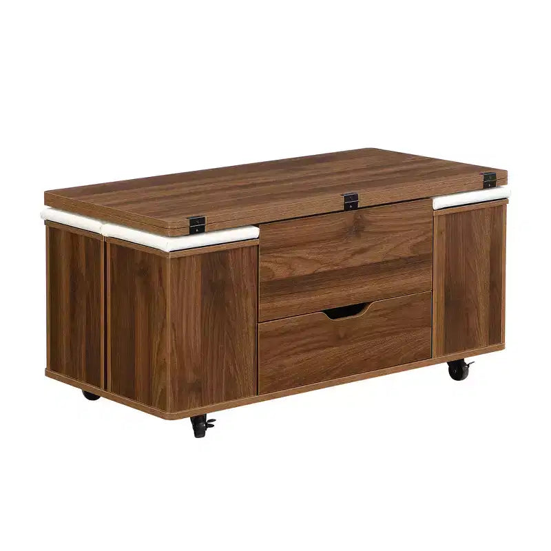 Multifunctionele moderne salontafel met hefbaar blad en verborgen opbergruimte, 4 krukken en zwenkwielen, perfect voor moderne woonruimtes