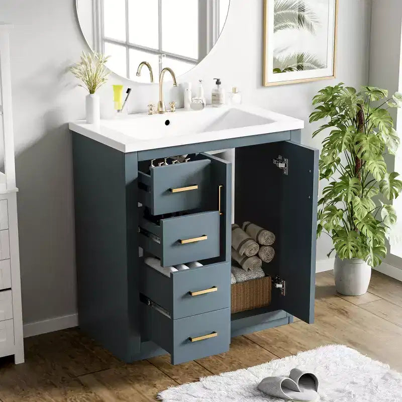 Meuble-lavabo de salle de bains de 30 po à lavabo simple, avec armoire et 3 tiroirs – noir / bleu / vert / indigo / blanc