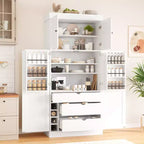 Despensa de cocina independiente de 77 pulgadas de alto, armario de almacenamiento estilo granja con estantes ajustables, estantes en las puertas, cajones y botelleros - ModernLuxe