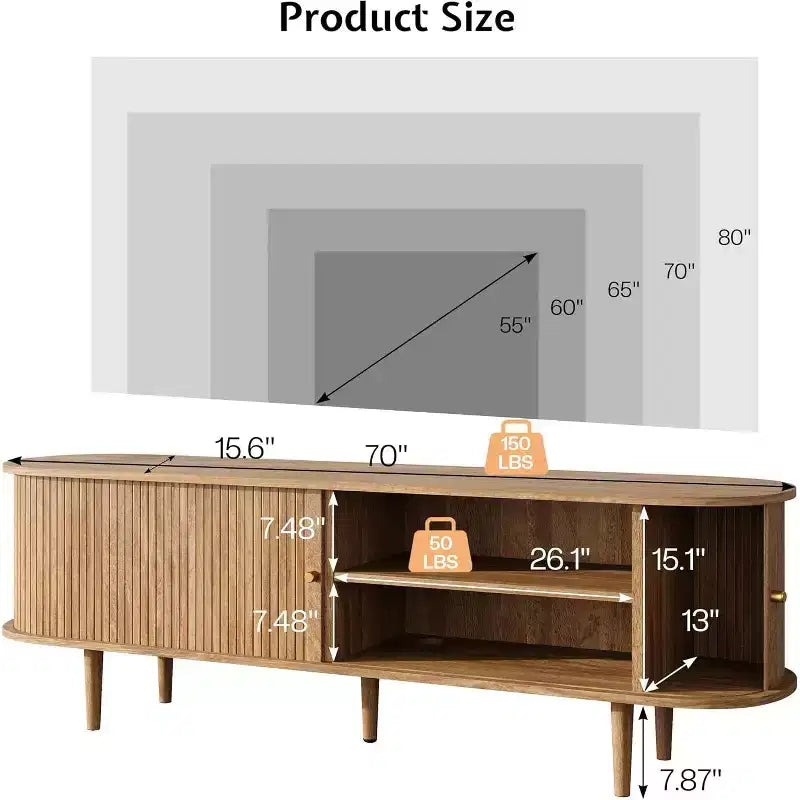 AMERLIFE 70-Zoll-TV-Ständer mit Beinen aus Massivholz, moderne TV-Konsole im Mid-Century-Stil mit Lamellentür