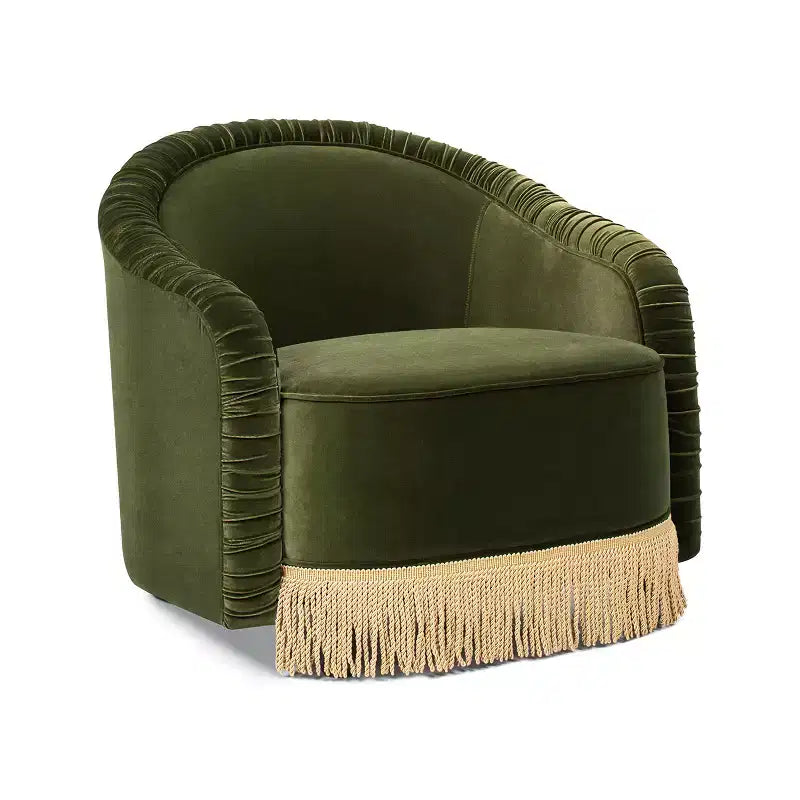 Jennifer Taylor Home Serena 31,5-inch gecapitonneerde accentfauteuil met ronde rugleuning en goudfranjes, olijfgroen prestatiefluweel