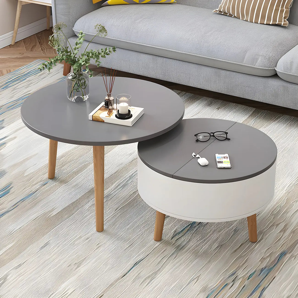Tavolino da caffè moderno rotondo in legno bianco e nero con contenitore