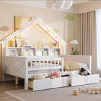 Estructura de cama tipo casita de tamaño completo con cajones, cama plataforma tipo casita con luces LED, estantes y cajones de almacenamiento, diván de madera con techo y barandilla