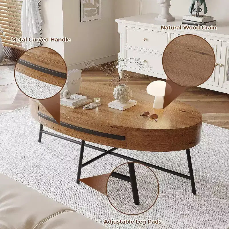 Tavolino da caffè ovale Acekool con cassetto, tavolo contenitore in legno da 47.2 con gambe incrociate in metallo, tavolino centrale moderno di metà secolo in finitura naturale e salice dorato