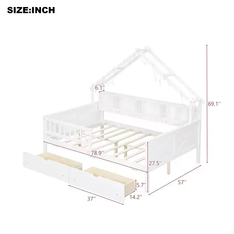 Estructura de cama tipo casita de tamaño completo con cajones, cama plataforma tipo casita con luces LED, estantes y cajones de almacenamiento, diván de madera con techo y barandilla