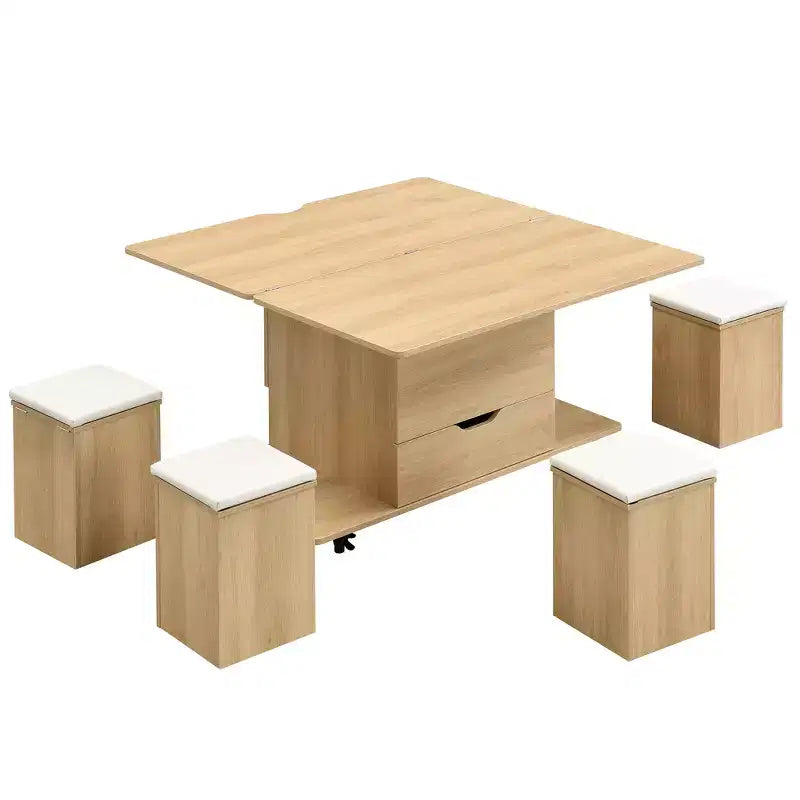 Multifunctionele moderne salontafel met hefbaar blad en verborgen opbergruimte, 4 krukken en zwenkwielen, perfect voor moderne woonruimtes