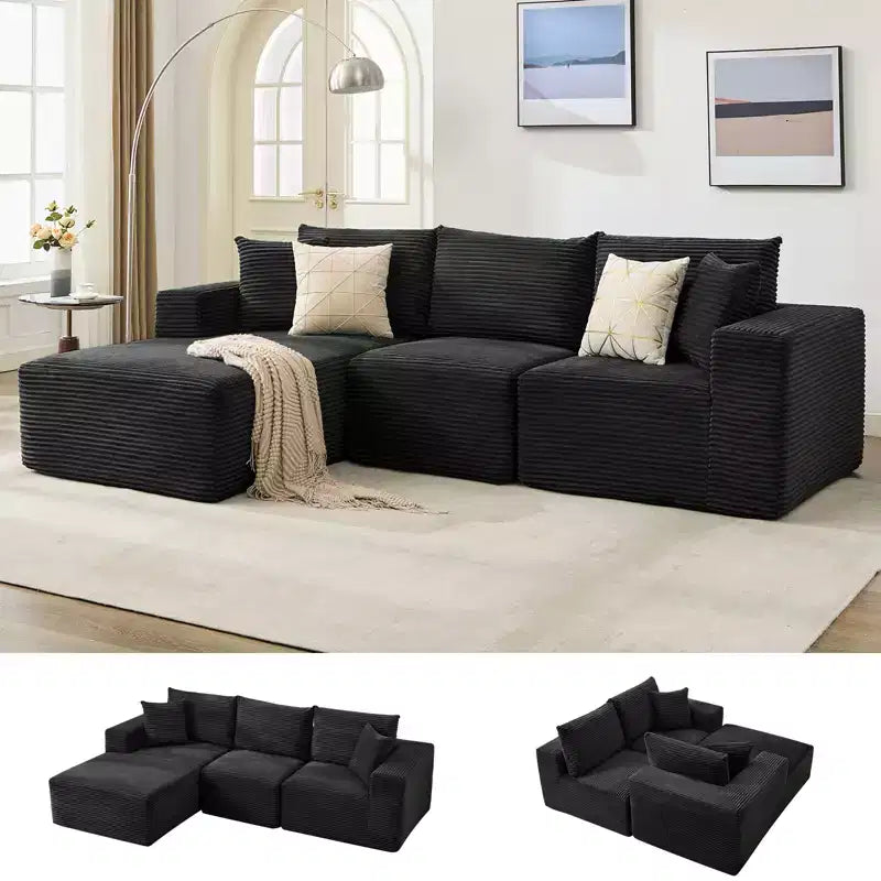 108 modernes Sofa, 3-Sitzer-Sofa in L-Form mit Polsterbezug und Kissen, Sofa mit tiefer Sitzfläche, keine Montage erforderlich