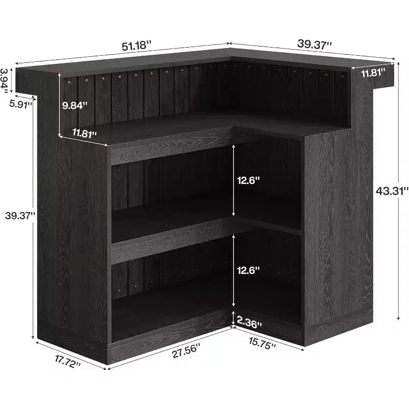 Lantine L-förmige Hausbar, 4-stufiger Eck-Bartisch mit Ablagefächern und Halterung für Weingläser für die Hausbar