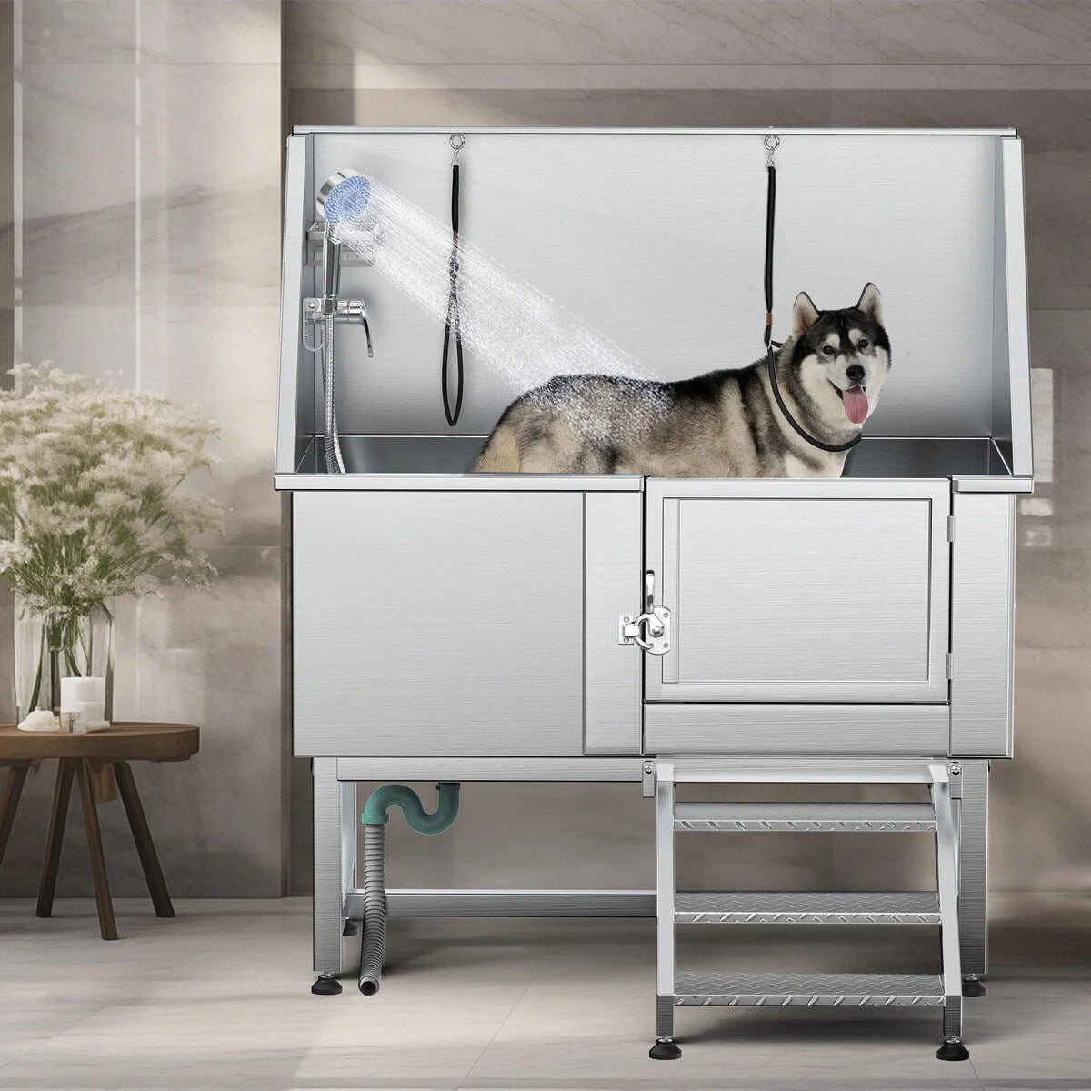 50″ W höhenverstellbare Edelstahl-Pflegetrumanne für Haustiere mit Stufenrampe