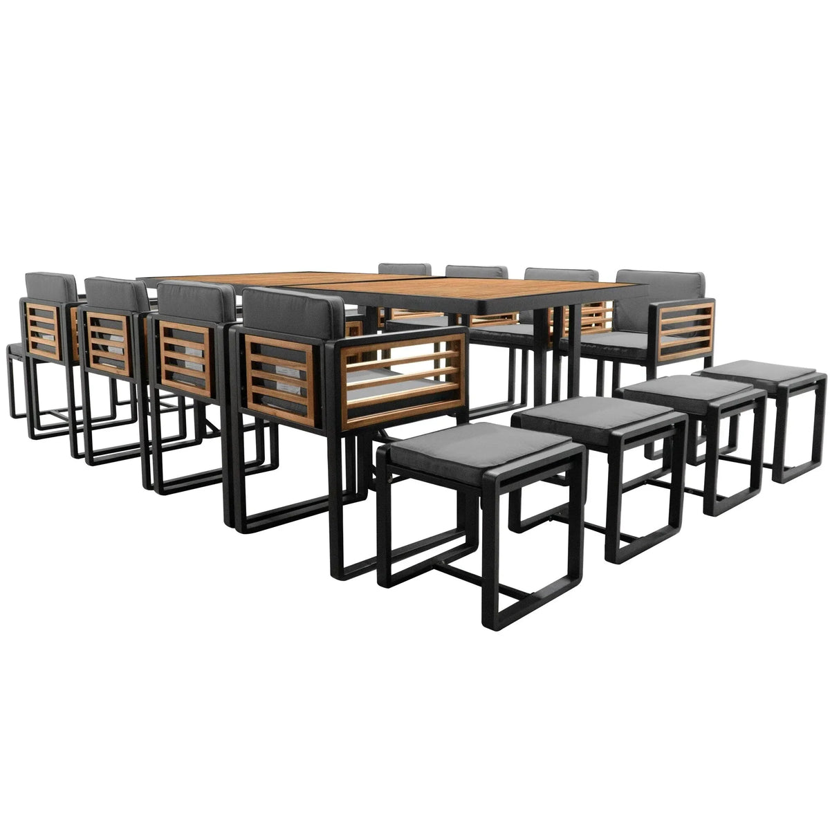 Juego de comedor de patio de 18 piezas de madera de acacia, con 8 sillas acolchadas, 8 otomanas y 2 mesas cuadradas