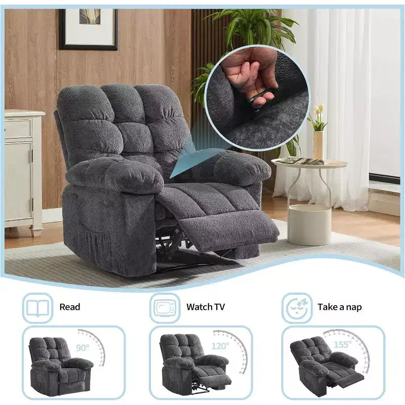 Sillón reclinable manual de tela transpirable y ergonómica con bolsillos laterales, sofá individual, adecuado para la sala de estar o el dormitorio