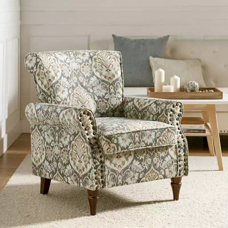 Araceli traditionele houten bloemenfauteuil met bekleding, hoge rugleuning en sierspijkerrand| ART OF LIVING DESIGNS
