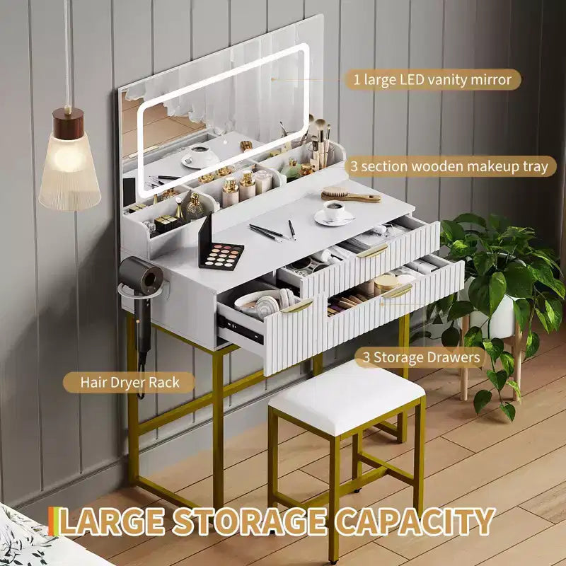 Escritorio tocador con espejo y luces, diseño con espejo iluminado por LED y amplios cajones para organizar cosméticos y artículos de tocador