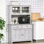 Credenza da cucina HOMCOM da 63,5" con alzata, mobile dispensa con 4 ripiani, cassetti, ante in vetro con cornice, piano aperto per microonde