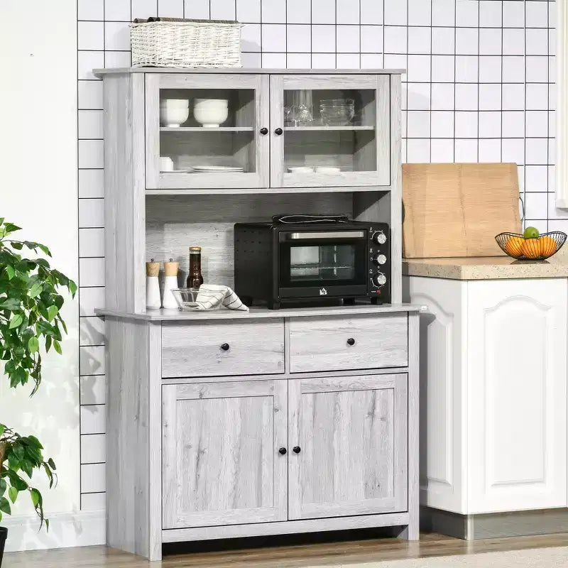 Credenza da cucina HOMCOM da 63,5" con alzata, mobile dispensa con 4 ripiani, cassetti, ante in vetro con cornice, piano aperto per microonde