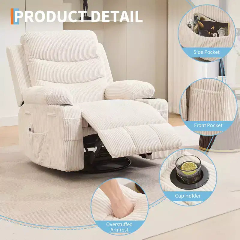 Drehbarer Schaukel-Relaxsessel mit Massage und Wärme, 360°-Gleiter mit Getränkehaltern und Seitentaschen, ergonomisches Loungesofa für Wohnzimmer, Wohnmobil und Kinderzimmer