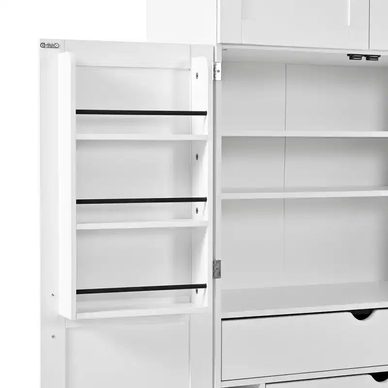 Despensa de cocina independiente de 77 pulgadas de alto, armario de almacenamiento estilo granja con estantes ajustables, estantes en las puertas, cajones y botelleros - ModernLuxe