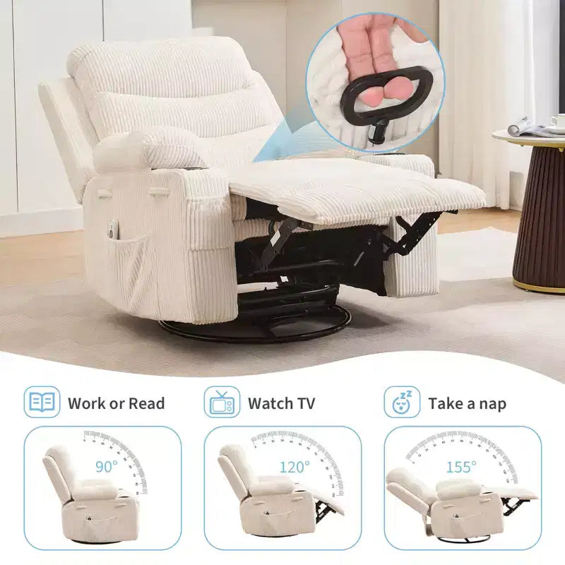 Drehbarer Schaukel-Relaxsessel mit Massage und Wärme, 360°-Gleiter mit Getränkehaltern und Seitentaschen, ergonomisches Loungesofa für Wohnzimmer, Wohnmobil und Kinderzimmer