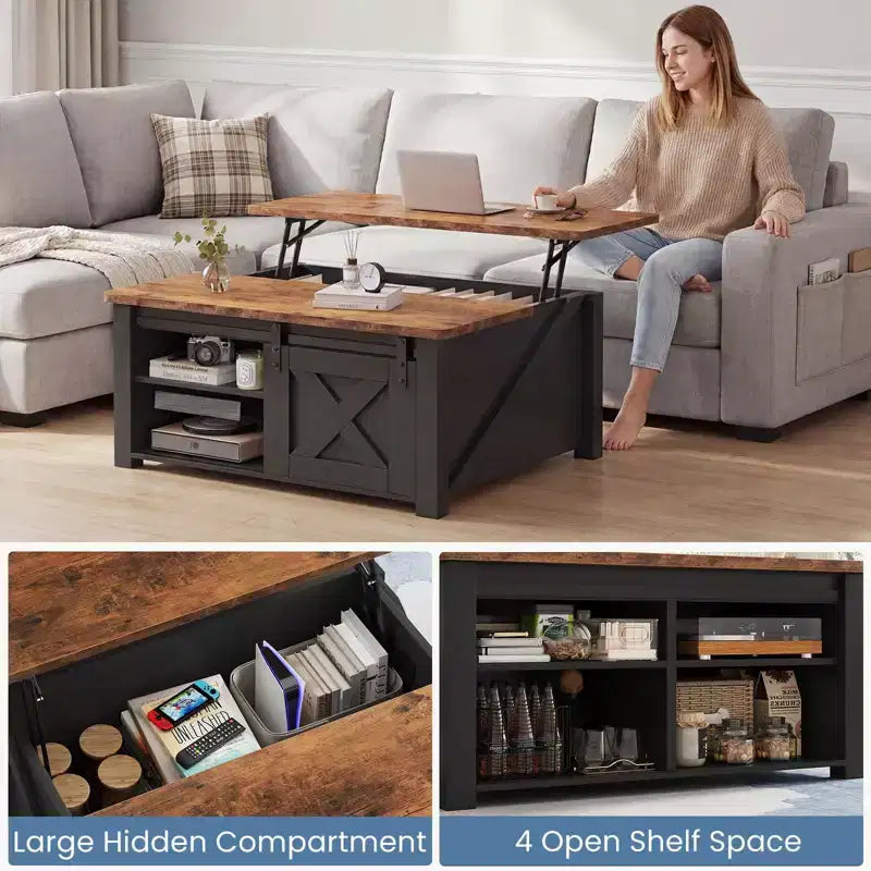 JIONJOY 31,5-Zoll-Couchtisch mit Liftplatte und großem verstecktem Stauraum, verstellbaren Einlegeböden, quadratischer Landhausstil-Mitteltisch für Wohnzimmer und kleine Räume