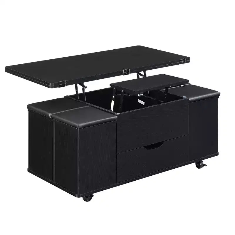 Multifunctionele moderne salontafel met hefbaar blad en verborgen opbergruimte, 4 krukken en zwenkwielen, perfect voor moderne woonruimtes