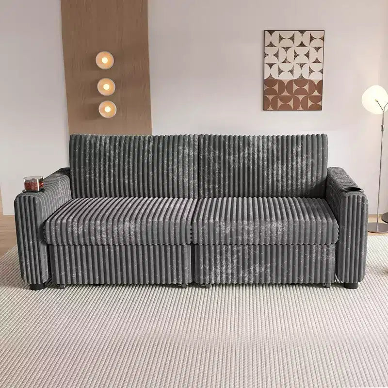 Dyonery 91 Eckschlafsofa mit ausziehbarem Bett, verstellbarer Rückenlehne, zwei ausziehbaren Betten, USB-Anschlüssen und Getränkehaltern, weicher Cordbezug