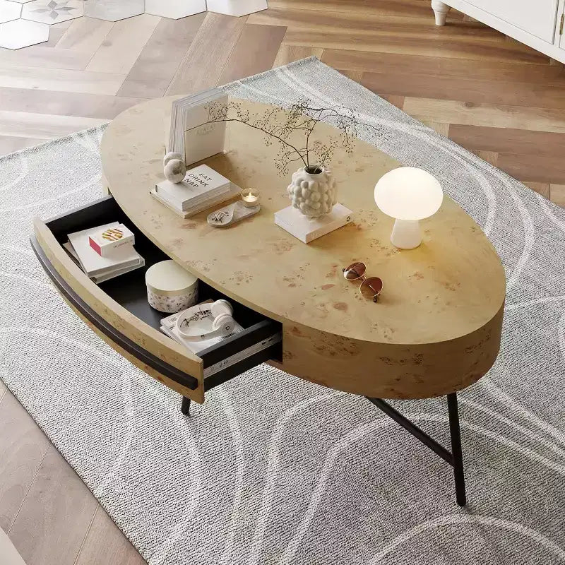 Tavolino da caffè ovale Acekool con cassetto, tavolo contenitore in legno da 47.2 con gambe incrociate in metallo, tavolino centrale moderno di metà secolo in finitura naturale e salice dorato