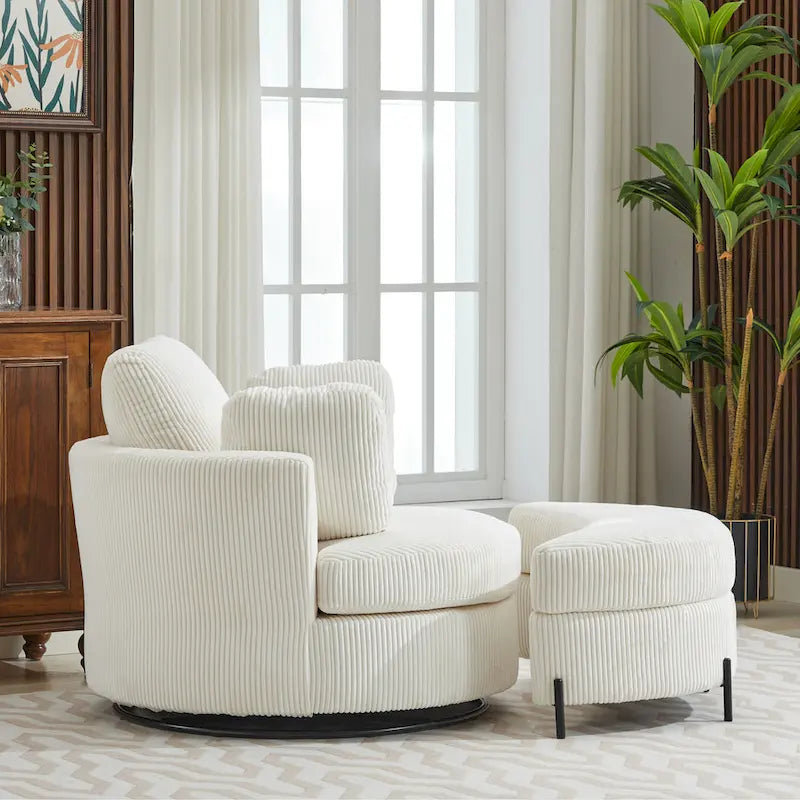 Sillón decorativo giratorio tapizado de 42.3W con 4 cojines y otomana de almacenamiento en forma de media luna