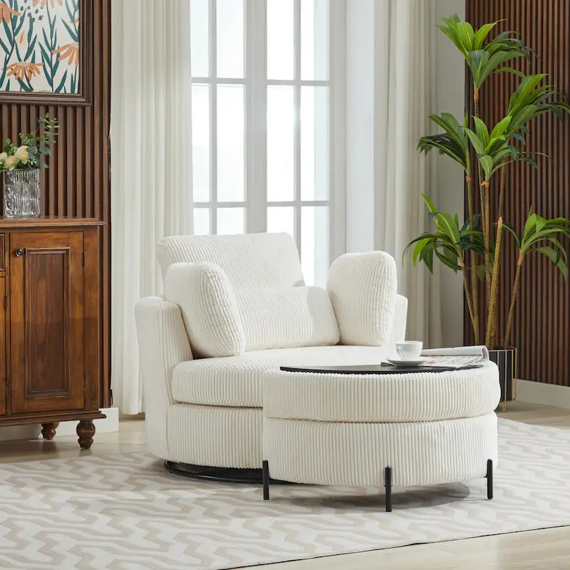 Sillón decorativo giratorio tapizado de 42.3W con 4 cojines y otomana de almacenamiento en forma de media luna