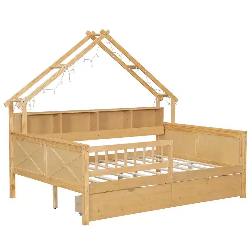 Estructura de cama tipo casita de tamaño completo con cajones, cama plataforma tipo casita con luces LED, estantes y cajones de almacenamiento, diván de madera con techo y barandilla