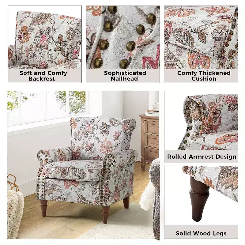 Araceli traditionele houten bloemenfauteuil met bekleding, hoge rugleuning en sierspijkerrand| ART OF LIVING DESIGNS