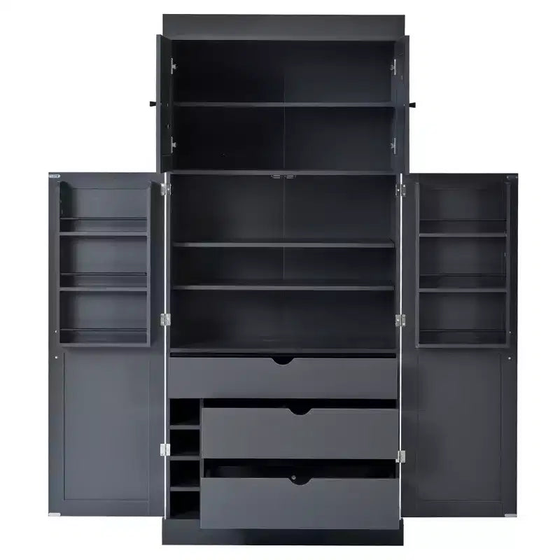 Despensa de cocina independiente de 77 pulgadas de alto, armario de almacenamiento estilo granja con estantes ajustables, estantes en las puertas, cajones y botelleros - ModernLuxe
