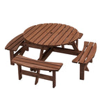 Conjunto de comedor de picnic redondo para patio exterior, de madera de abeto, para 8 personas, con 4 bancos integrados y orificio para sombrilla