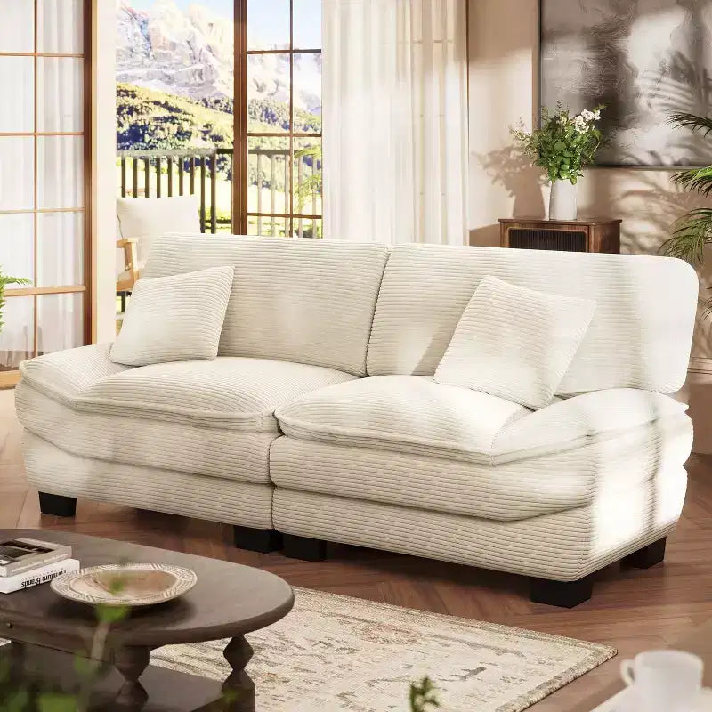 Sofá de pana beige de 87 pulgadas con 2 cojines, sofá de asiento profundo con forma de velero para sala de estar, espacios pequeños, oficina o apartamento - Morden Fort