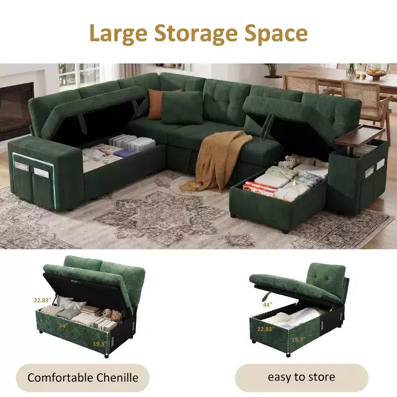 Divano componibile letto modulare Dyonery 112 con letto estraibile, divano componibile a U con contenitore, sedute extra larghe e profonde per il soggiorno