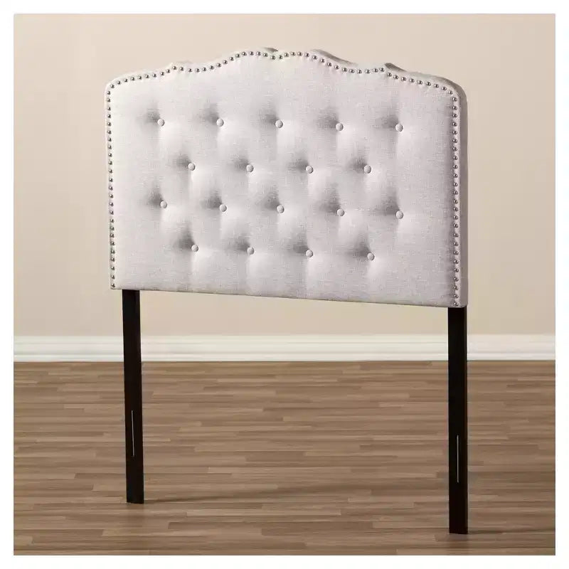 Modern Curved Fabric Headboard – Button-Tufted, Nailhead Trim, Grayish Beige