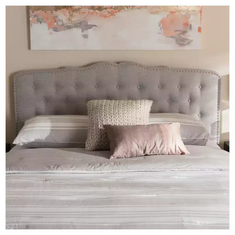 Modern Curved Fabric Headboard – Button-Tufted, Nailhead Trim, Grayish Beige